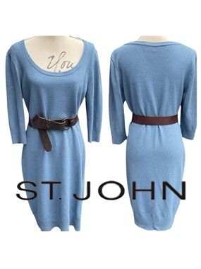 Vintage St. John Collection Knits Blue Scoop Neck 3/4 Sleeve Knit Dress (L/XL)